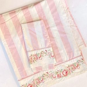 LAURA ASHLEY Vintage Country Roses Pink Stripe Full Flat Sheet & Pillowcase Set